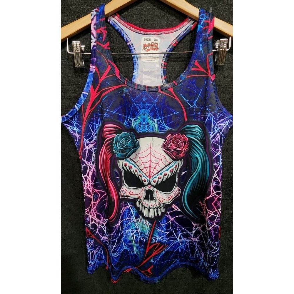 Psycho Speed Womens Tank Blue XS‎ Live Fast Die Last Sugar Skull Workout Active